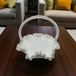 Vintage Fenton Silver Crest White Milk Glass Basket Clear Ruffled Edge 7 1/4 in